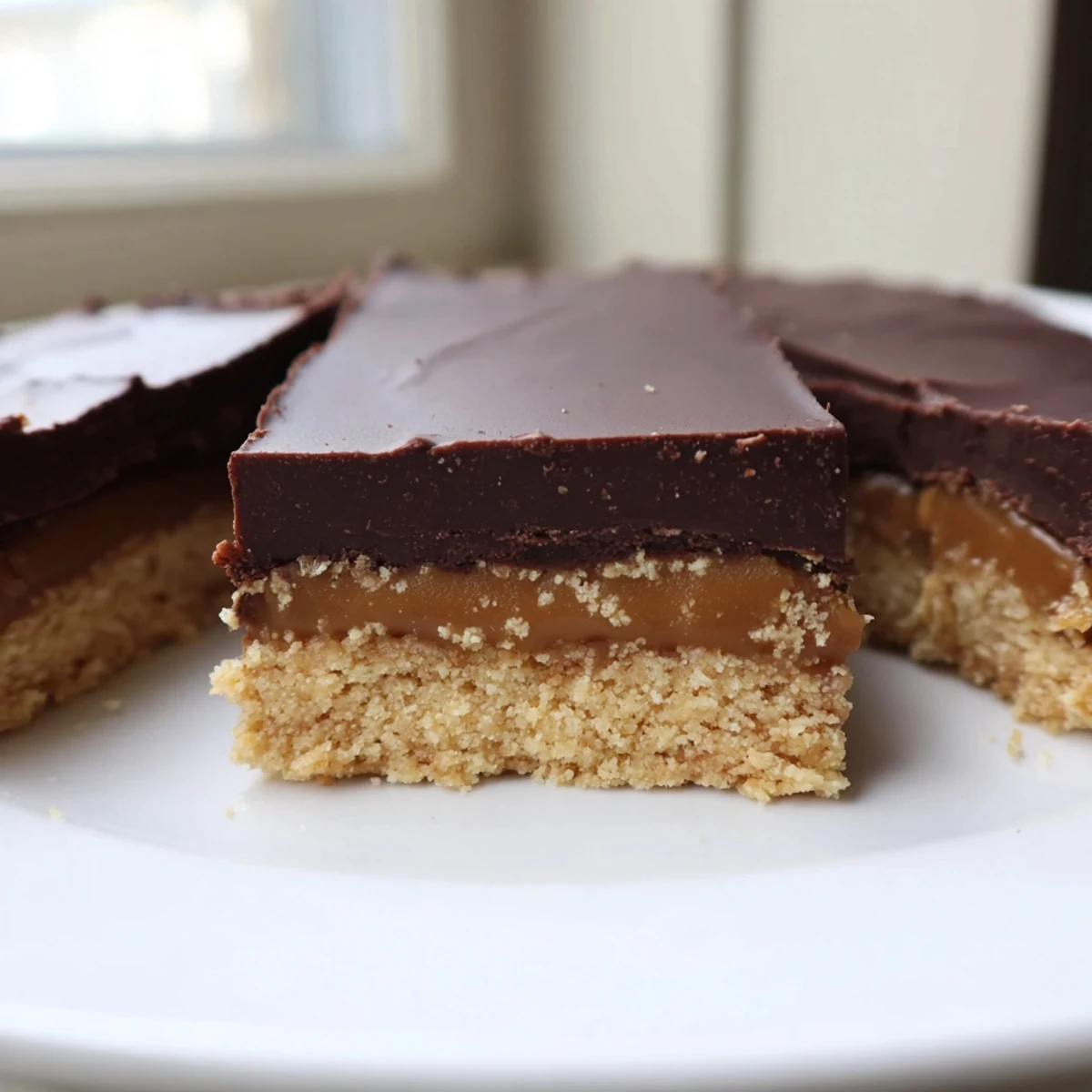 Healthy Twix Bars with glossy chocolate topping and golden date caramel layer