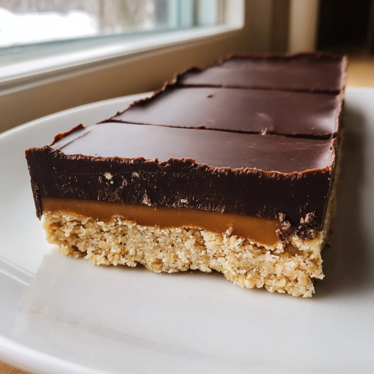Chilled Healthy Twix Bars sliced to reveal a thick creamy caramel center
