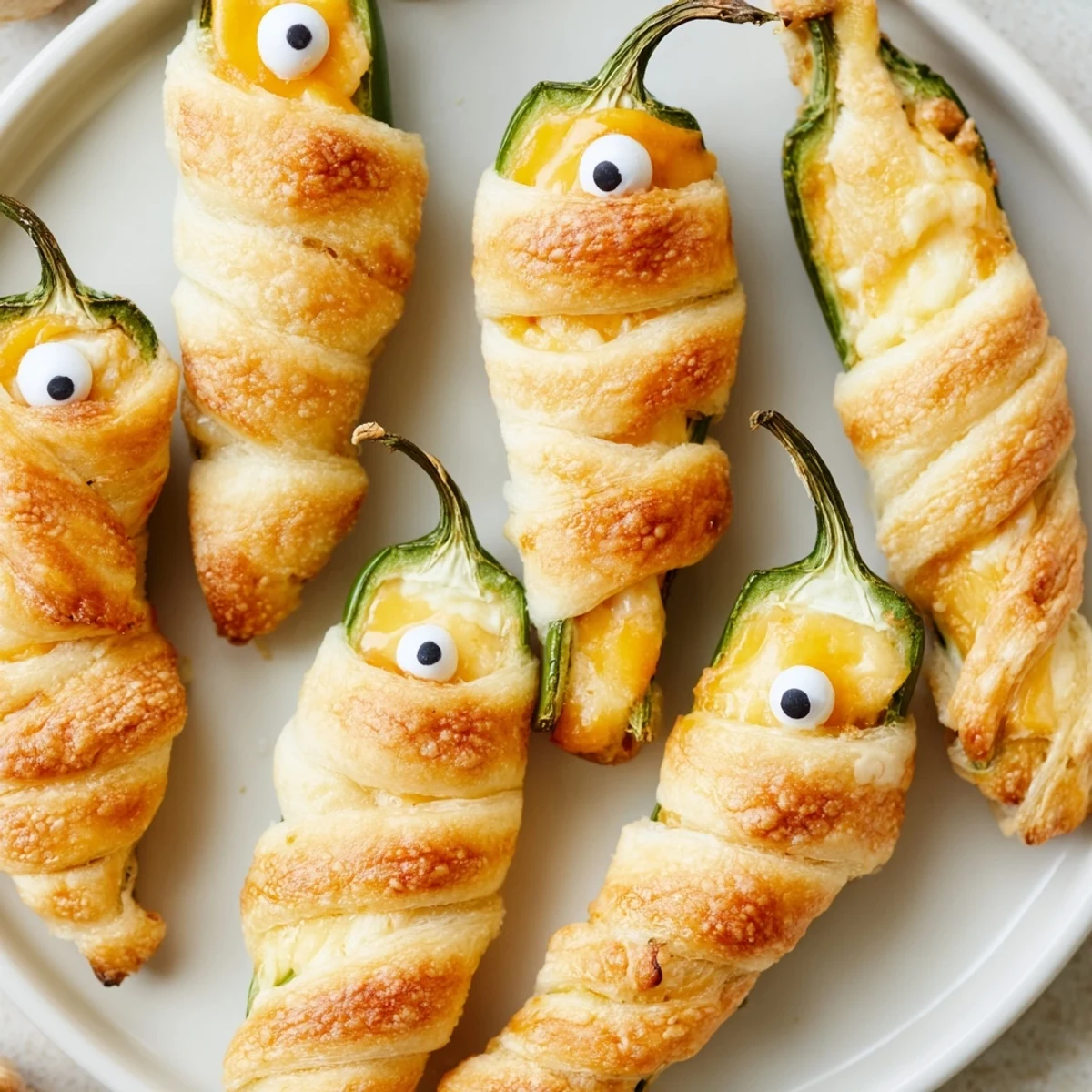 Mummy Jalapeno Poppers with golden crescent dough bandages and spooky candy eyes on a rustic tray
