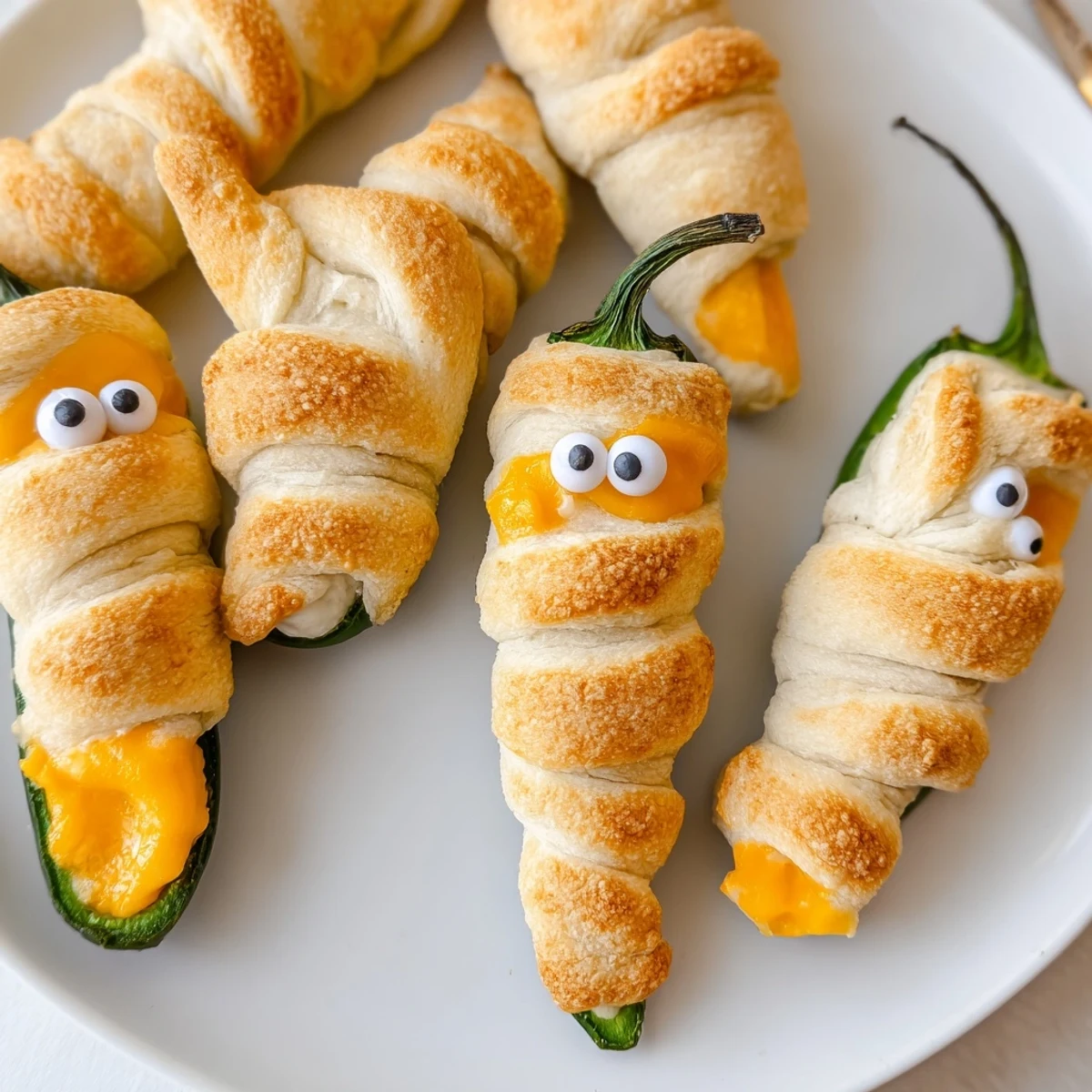 Creamy cheese spills from crispy Mummy Jalapeno Poppers arranged on a Halloween party platter