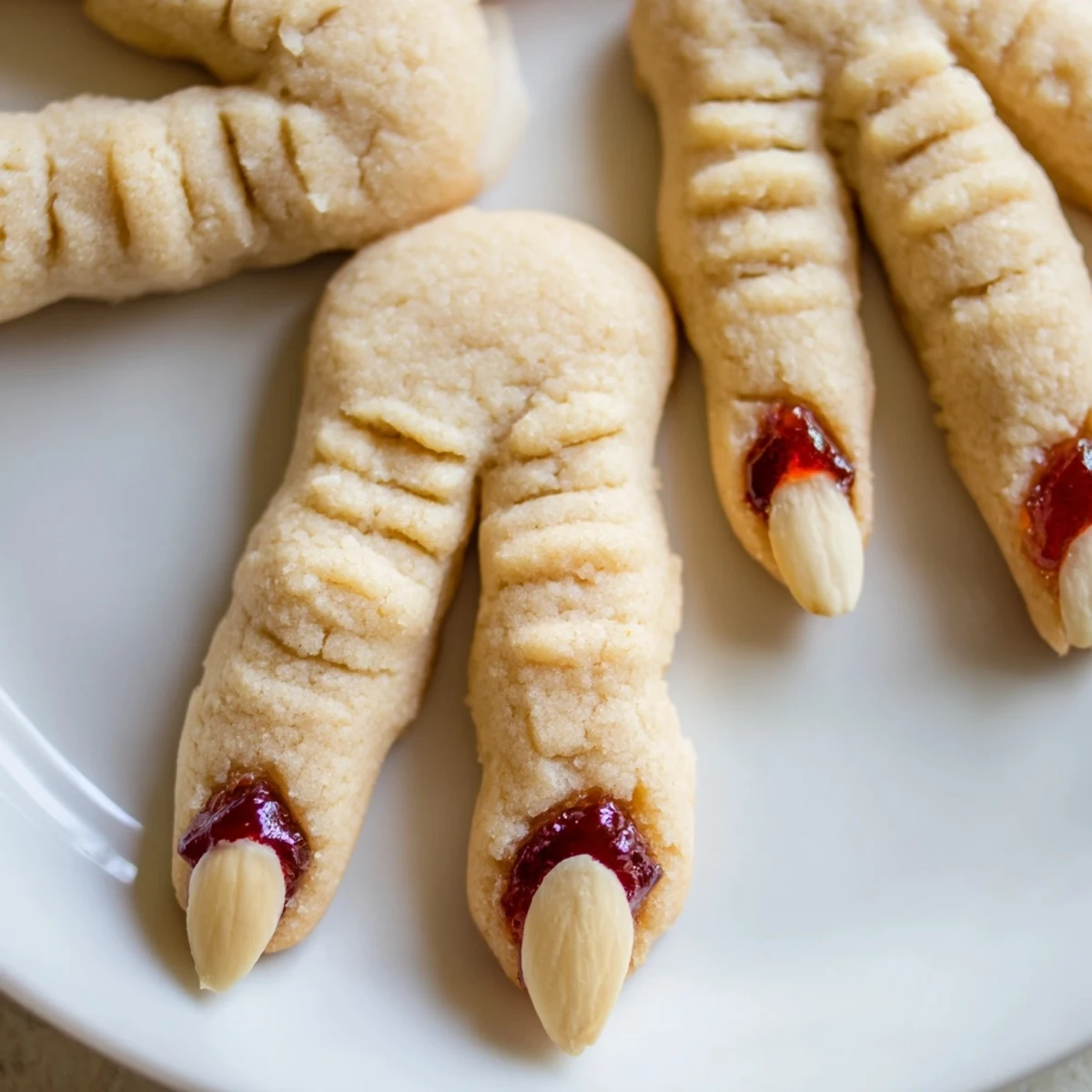 Creepy Witch Finger Cookies with bloody almond nails on a haunted dessert platter