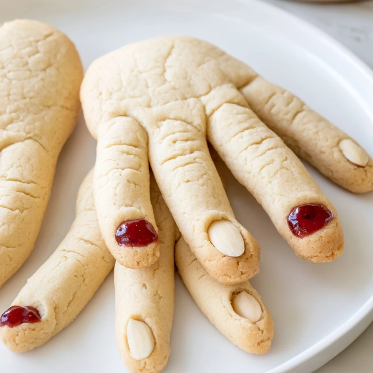 Platter of Creepy Witch Finger Cookies drizzled with red jam beside Halloween treats