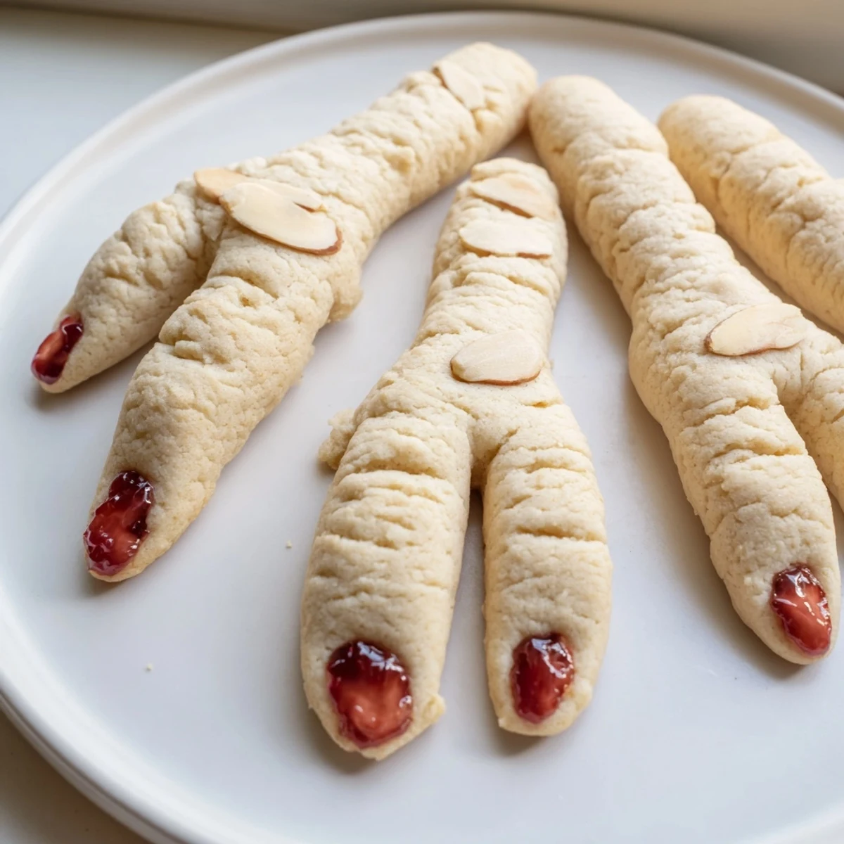 Golden Creepy Witch Finger Cookies styled on a rustic tray with spooky cobwebs