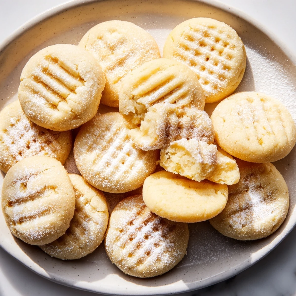 Golden Grandma's Secret Butter Cookies dusted with powdered sugar on a rustic baking sheet