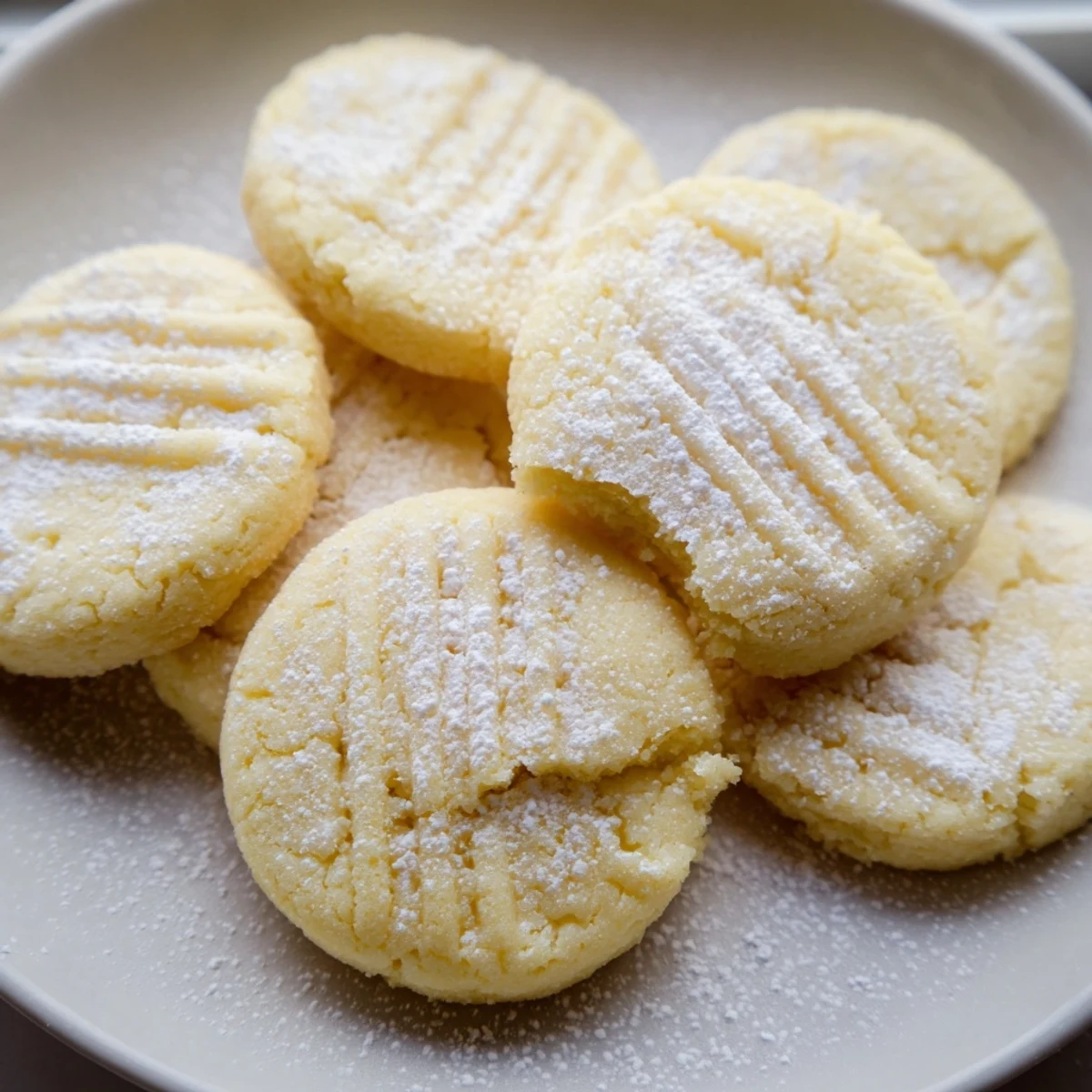 A plate of warm Grandma's Secret Butter Cookies served alongside a steaming cup of tea