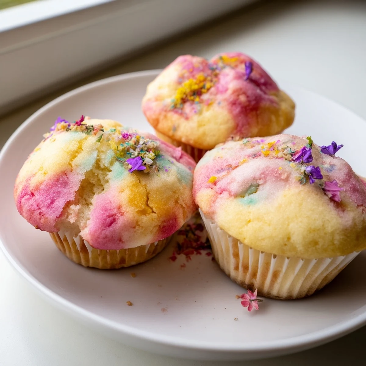 Fluffy Steamed Blooming Cupcakes split open revealing vibrant swirled colors inside