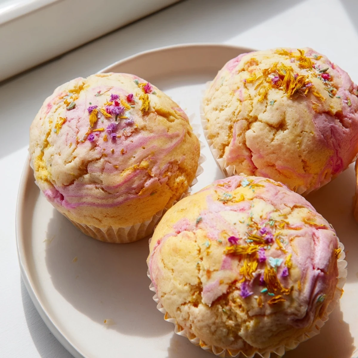 Steamed Blooming Cupcakes with cracked golden tops on a rustic plate