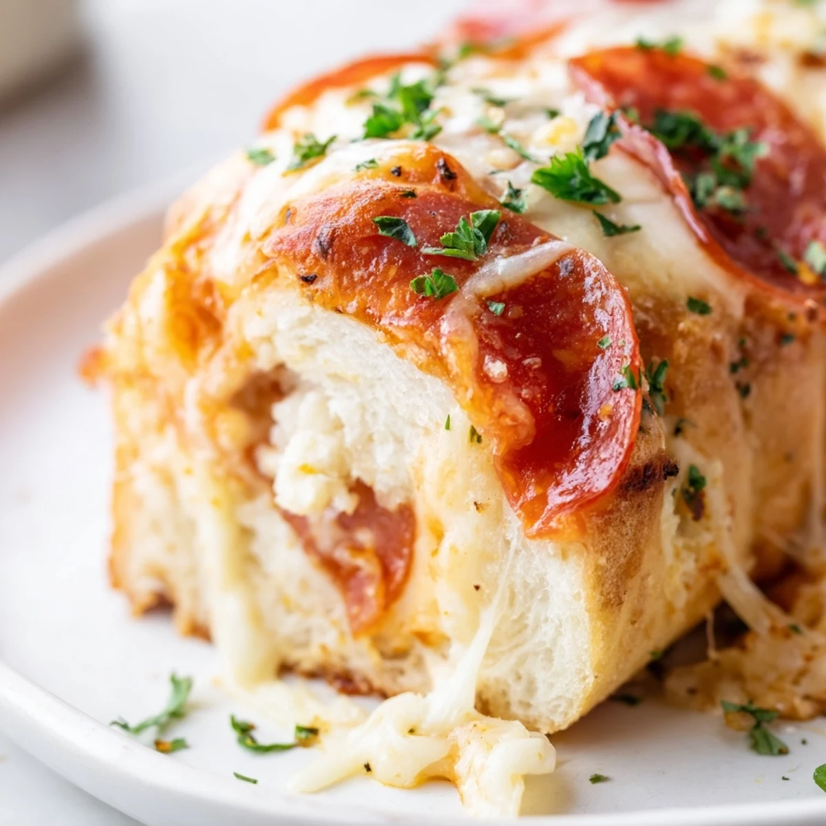 Garlic-butter brushed pepperoni pizza roll breadsticks on a parchment-lined baking sheet