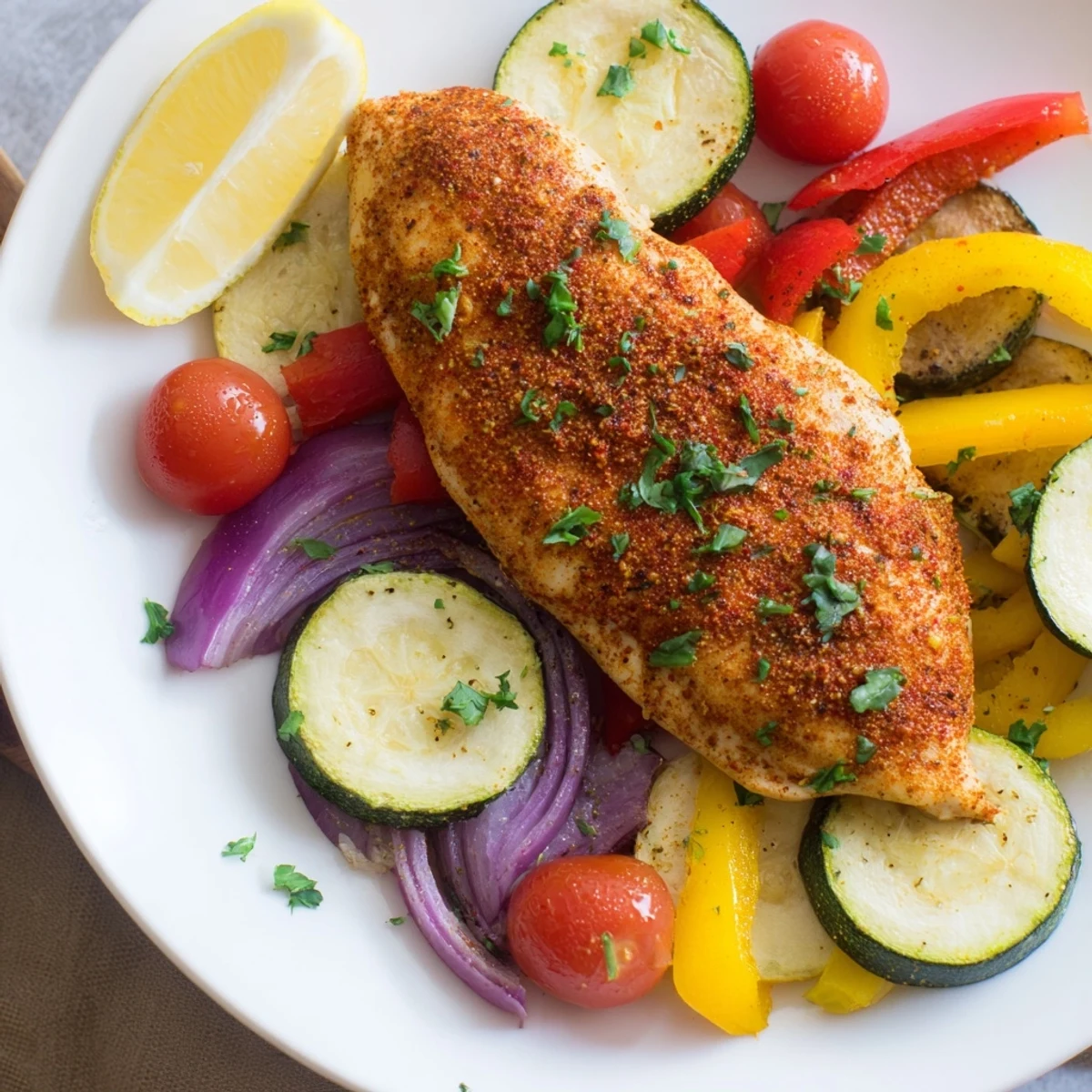 Juicy chicken foil packets recipe with roasted bell peppers and zucchini