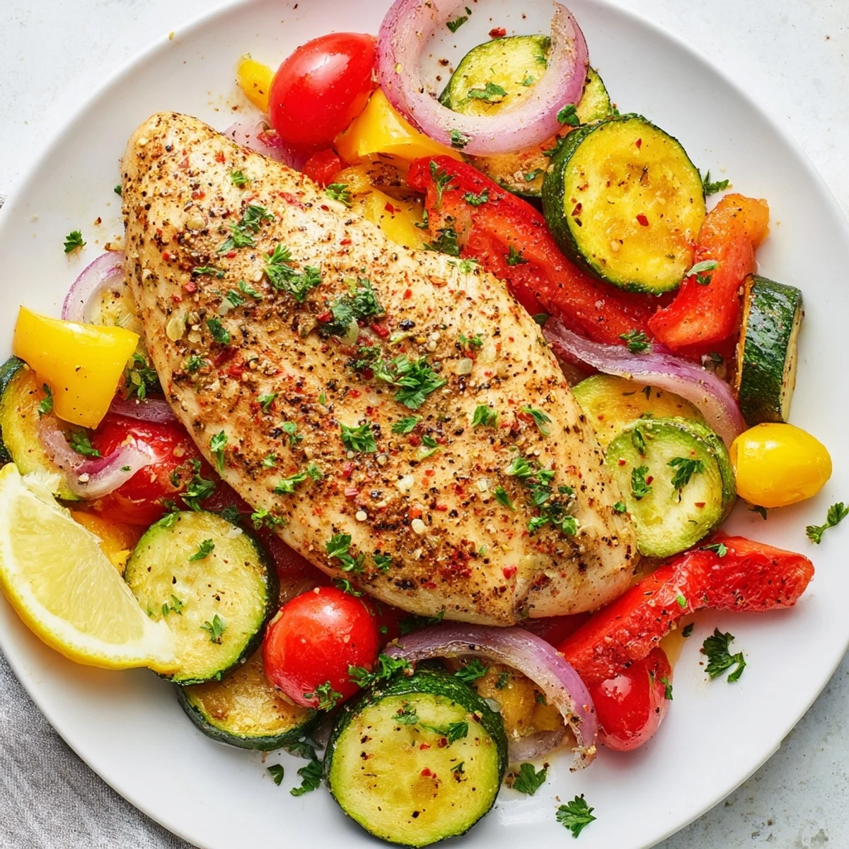 Golden chicken foil packets recipe garnished with parsley and lemon wedges