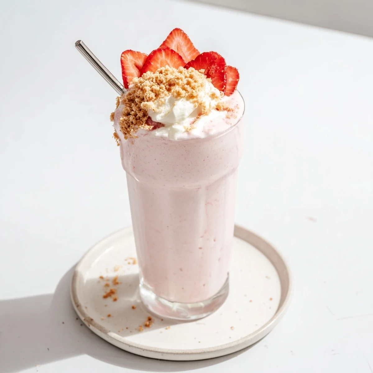 Thick pink strawberry cheesecake milkshake topped with whipped cream and graham crumbs