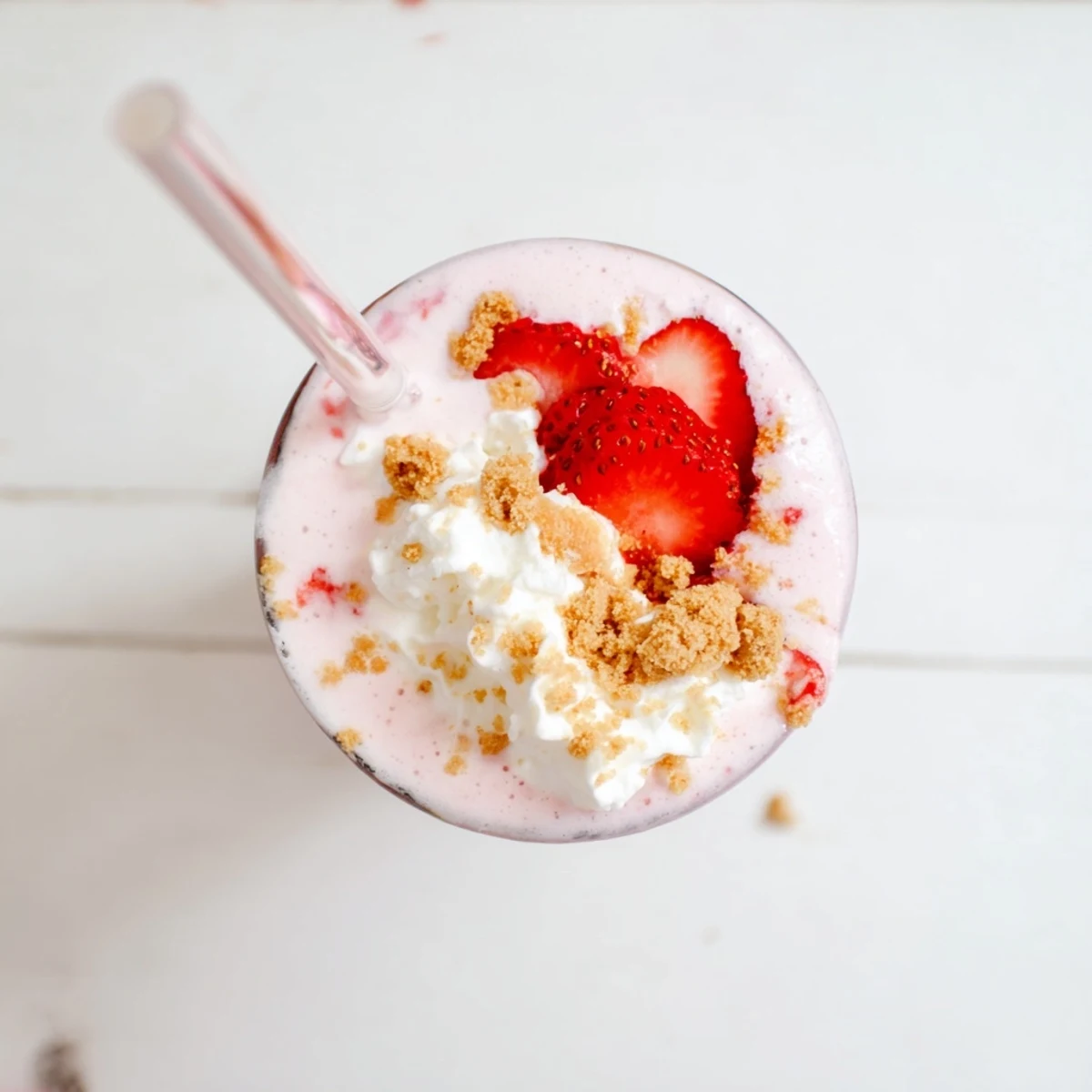 Blended strawberry cheesecake milkshake in a glass with a straw and cookie topping