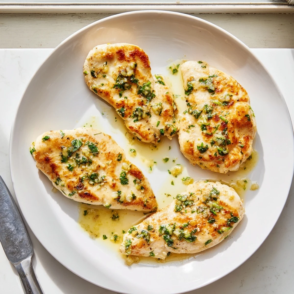 Golden lemon garlic butter chicken nestled in a creamy skillet sauce with fresh parsley