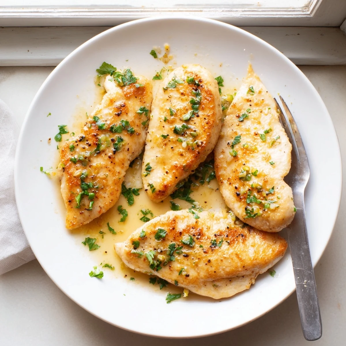 Crispy pan-seared lemon garlic butter chicken drizzled with bright citrus garlic pan sauce
