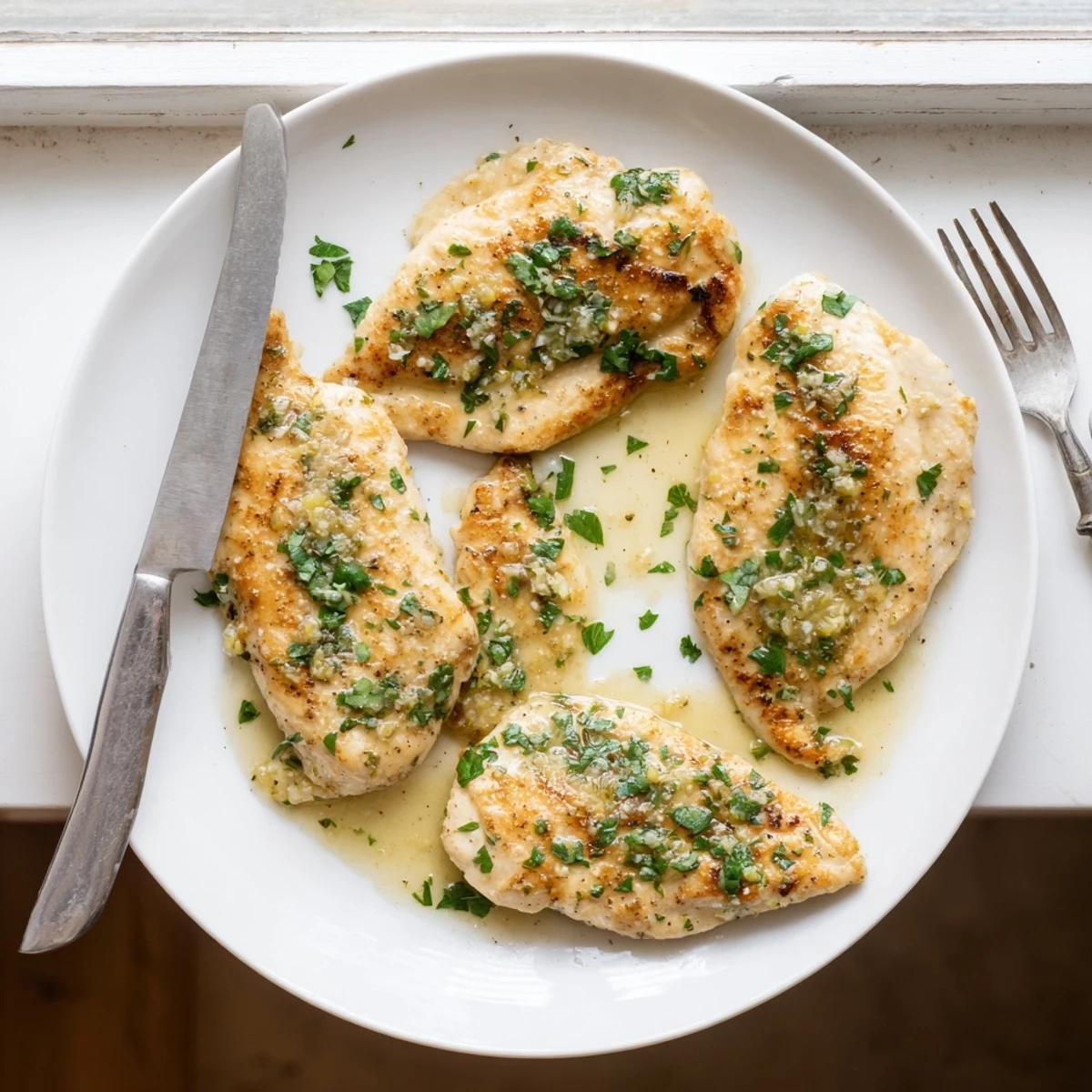 Tender lemon garlic butter chicken served over rice with a glossy lemon herb sauce