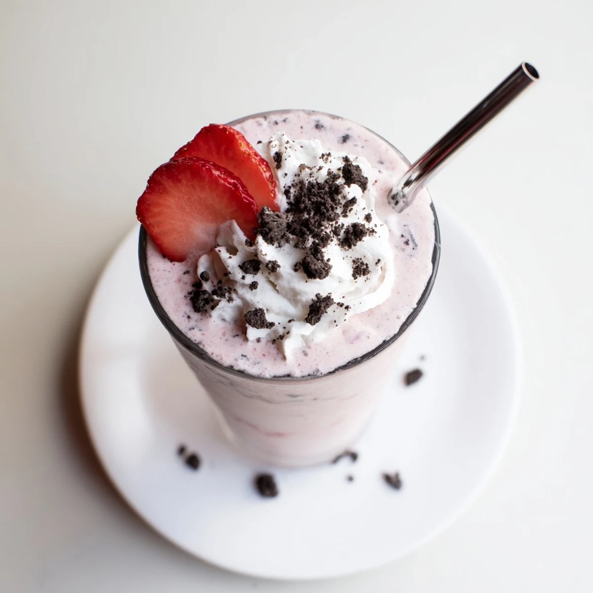 Creamy strawberry Oreo milkshake in a chilled glass with fresh strawberry slices