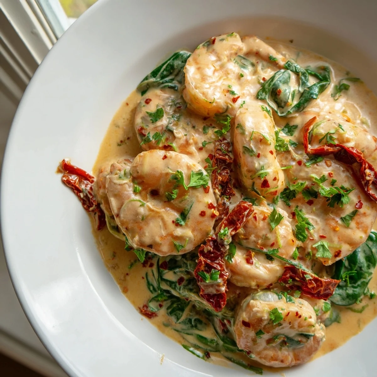 Golden shrimp nestled in a rich garlic Parmesan cream sauce with wilted spinach for this Keto Creamy Tuscan Shrimp.