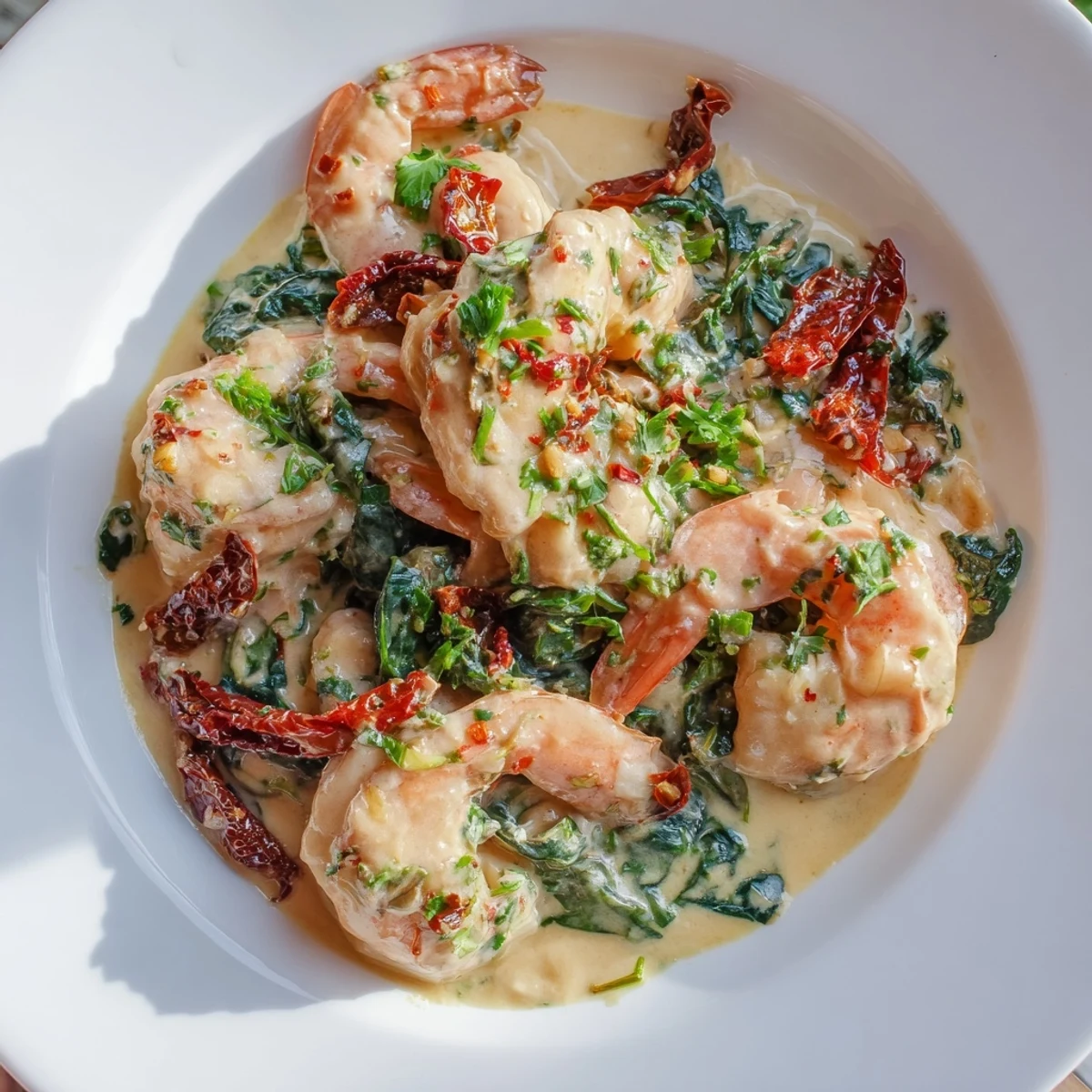 A skillet of Keto Creamy Tuscan Shrimp plated over zucchini noodles, garnished with fresh parsley and sun-dried tomato slices.