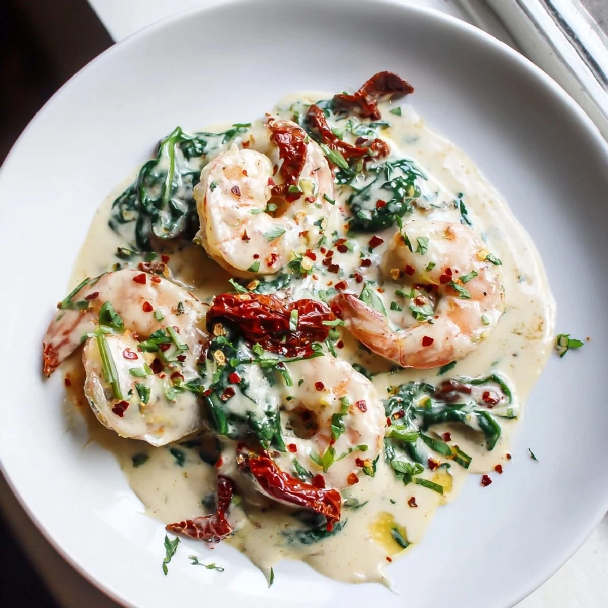 Plump pink shrimp swimming in a thick sun-dried tomato and spinach cream sauce, this Keto Creamy Tuscan Shrimp ready to serve.