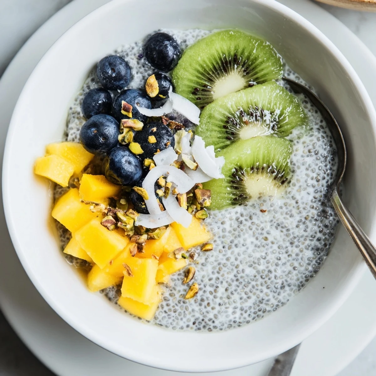 Creamy Coconut Chia Pudding topped with mango and toasted coconut flakes