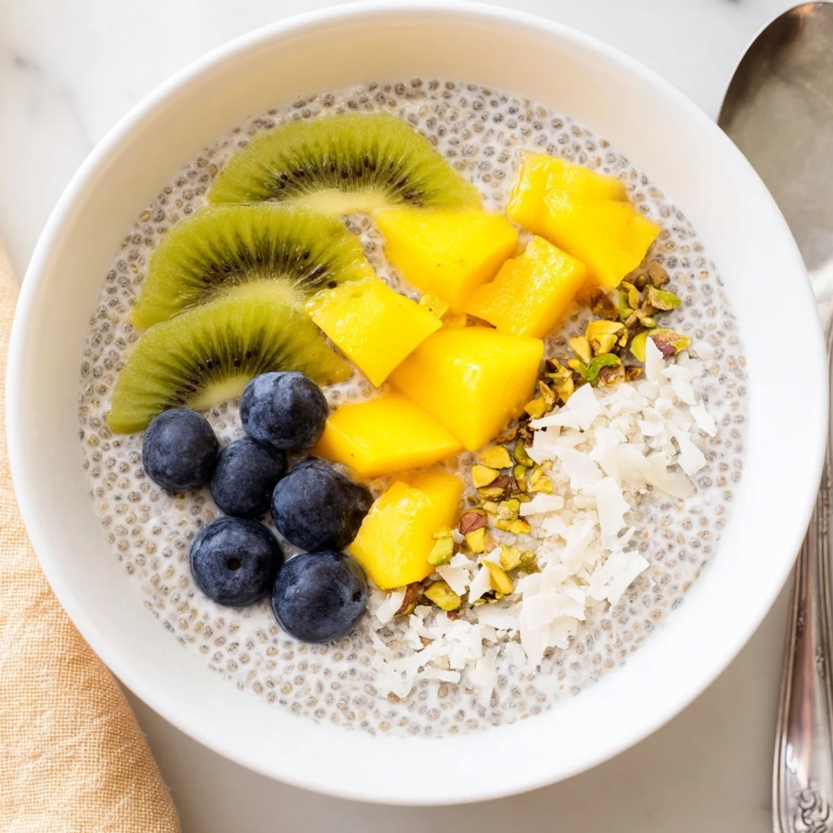 Spoonful of Coconut Chia Pudding reveals velvety texture, seeds, and tropical freshness