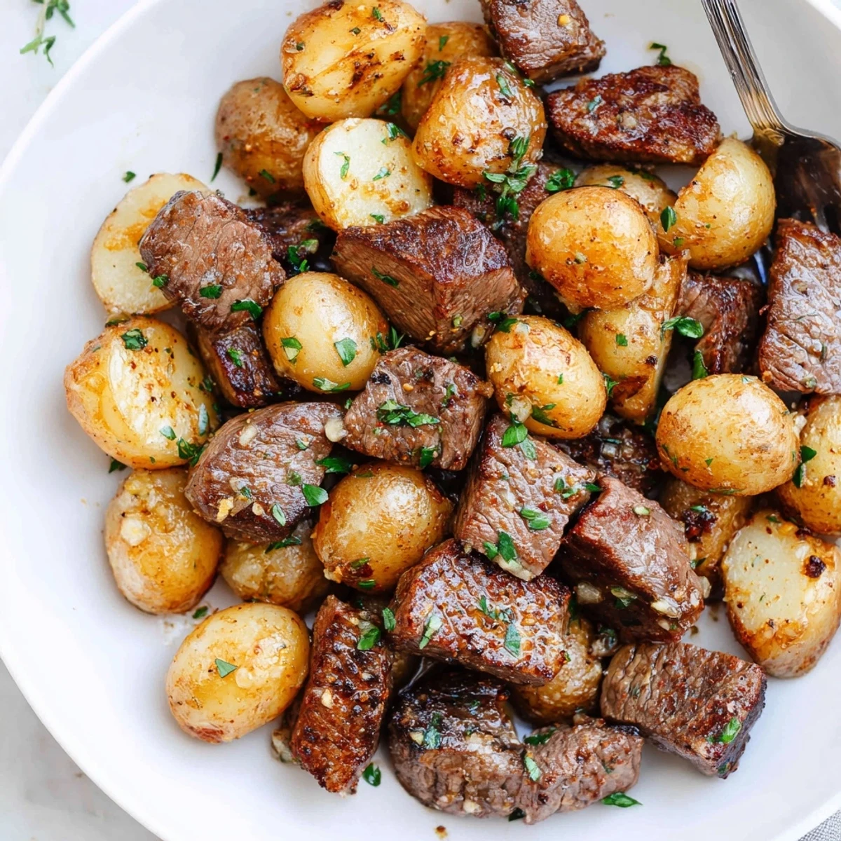 Sizzling Garlic Steak Bites and Potatoes Recipe in buttery garlic skillet, parsley.