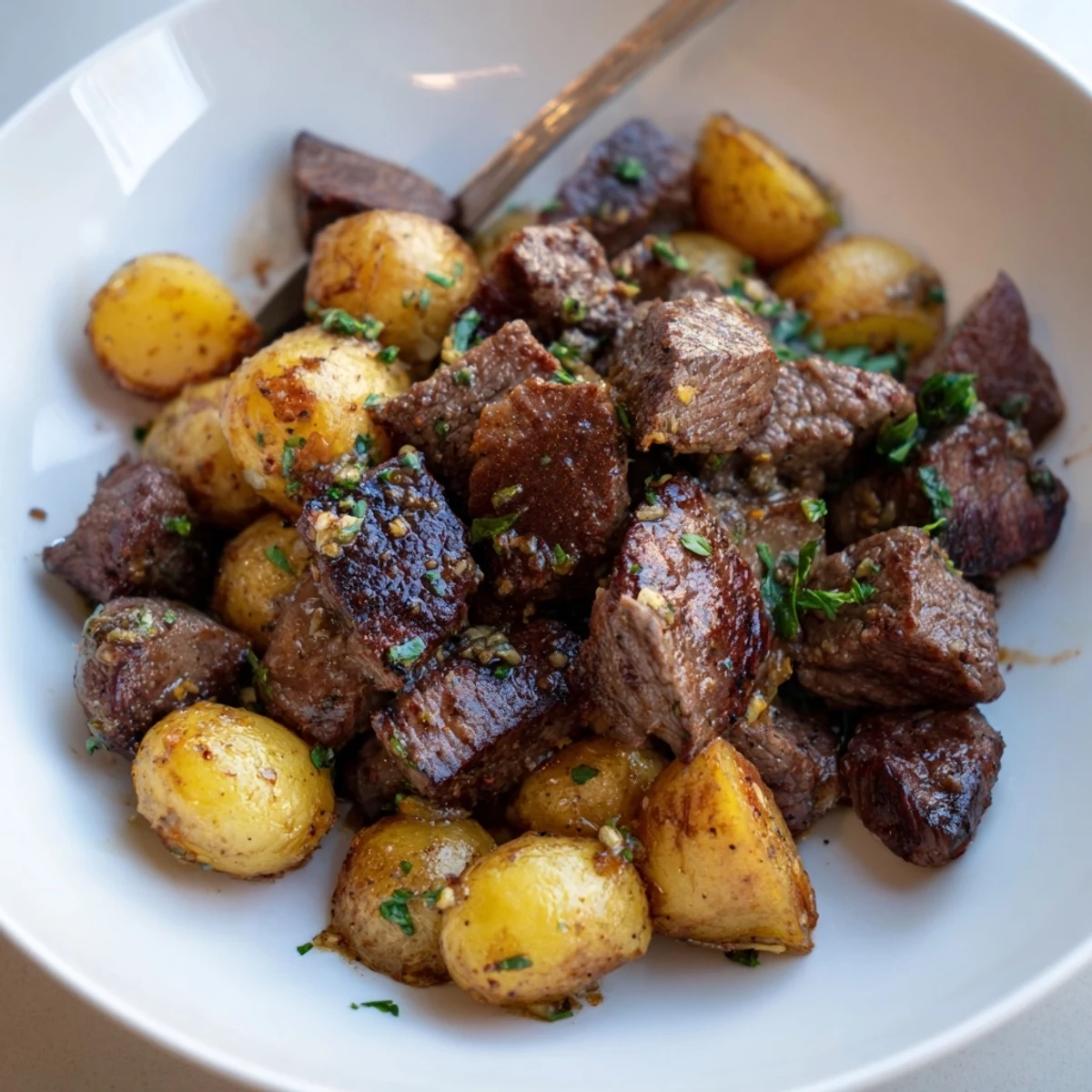 Garlic Steak Bites and Potatoes Recipe: tender steak, golden potatoes tossed in butter.