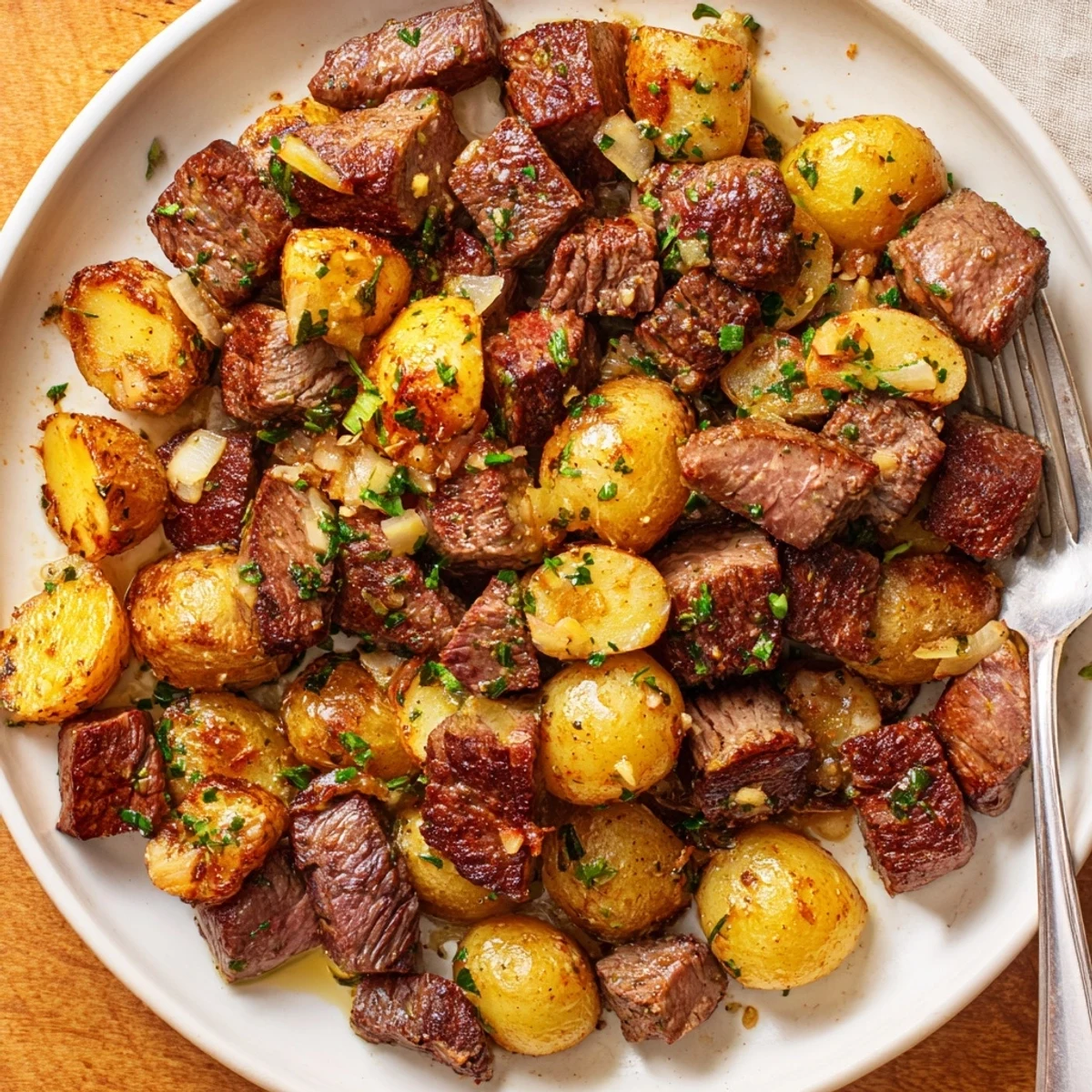 Weeknight Garlic Steak Bites and Potatoes Recipe served with lemon squeeze and green beans.