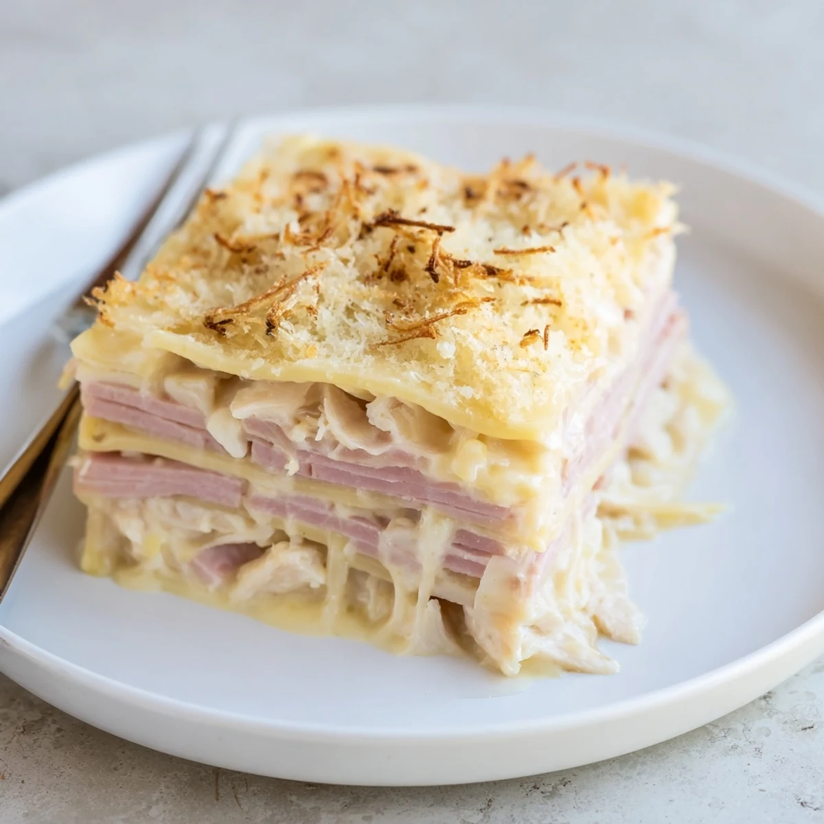 Spoon-ready Chicken Cordon Bleu Casserole layered with ham, melted Swiss cheese