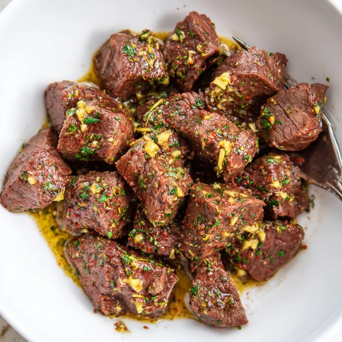 Cowboy Butter Steak Bites glistening with herb butter, seared edges and steam.