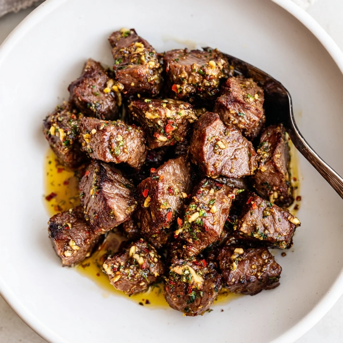 Warm Cowboy Butter Steak Bites tossed in garlic and herb sauce, served on platter.