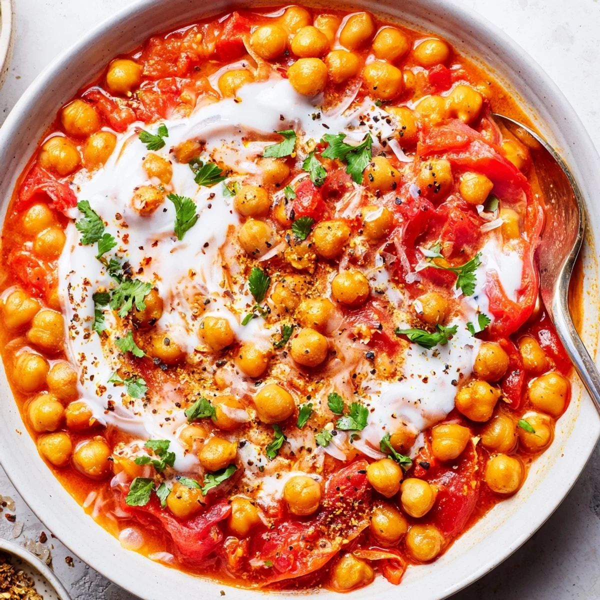 Creamy Greek Yogurt Chickpea Curry steaming in skillet, cilantro garnish and rice.