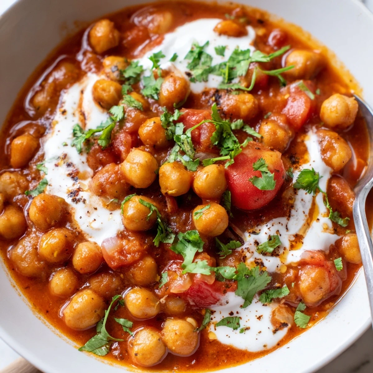 Warm Greek Yogurt Chickpea Curry spoonful showing spiced tomato sauce, fluffy basmati rice.