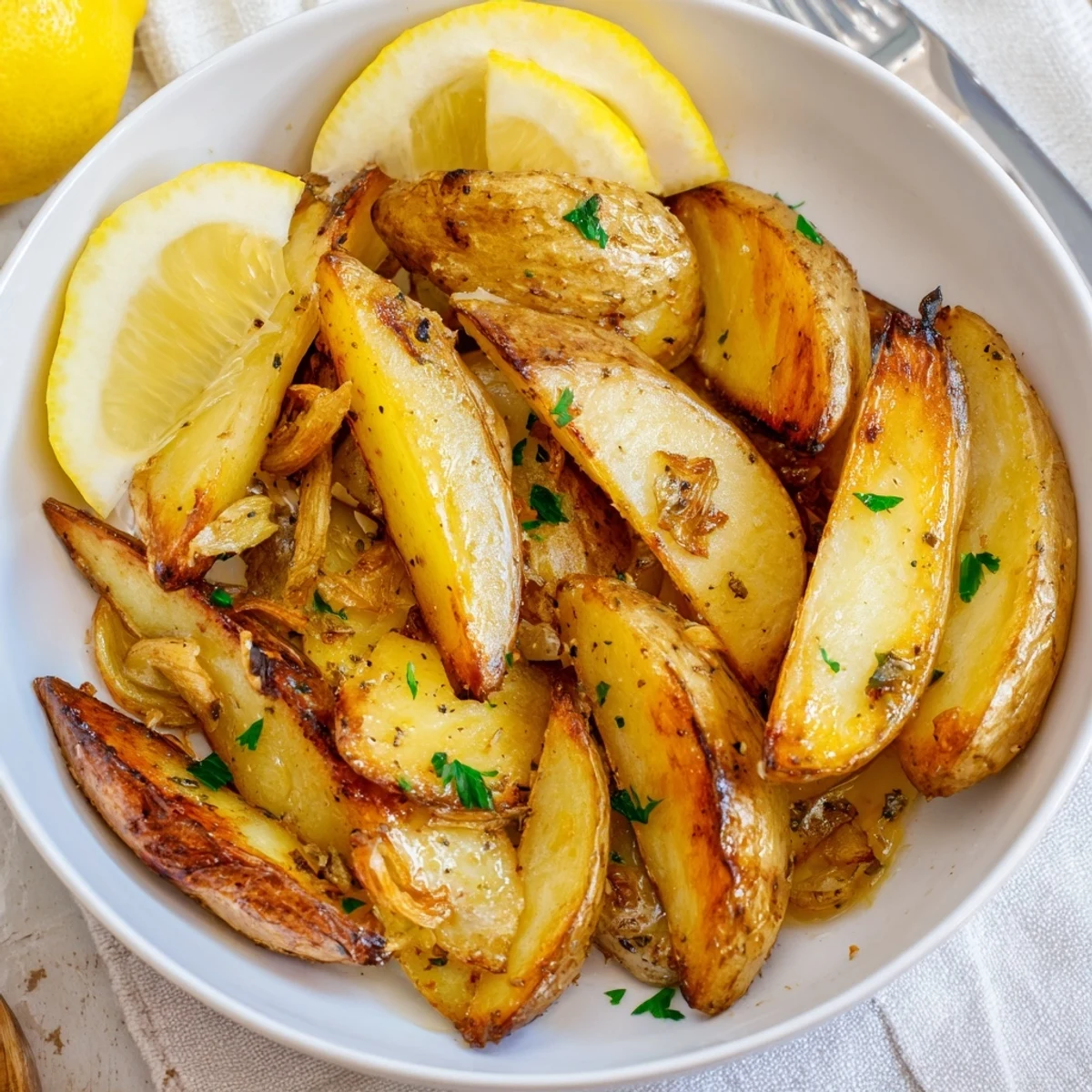 Authentic Greek Lemon Potatoes Recipe golden-crisp wedges glistening with garlic-lemon pan juices