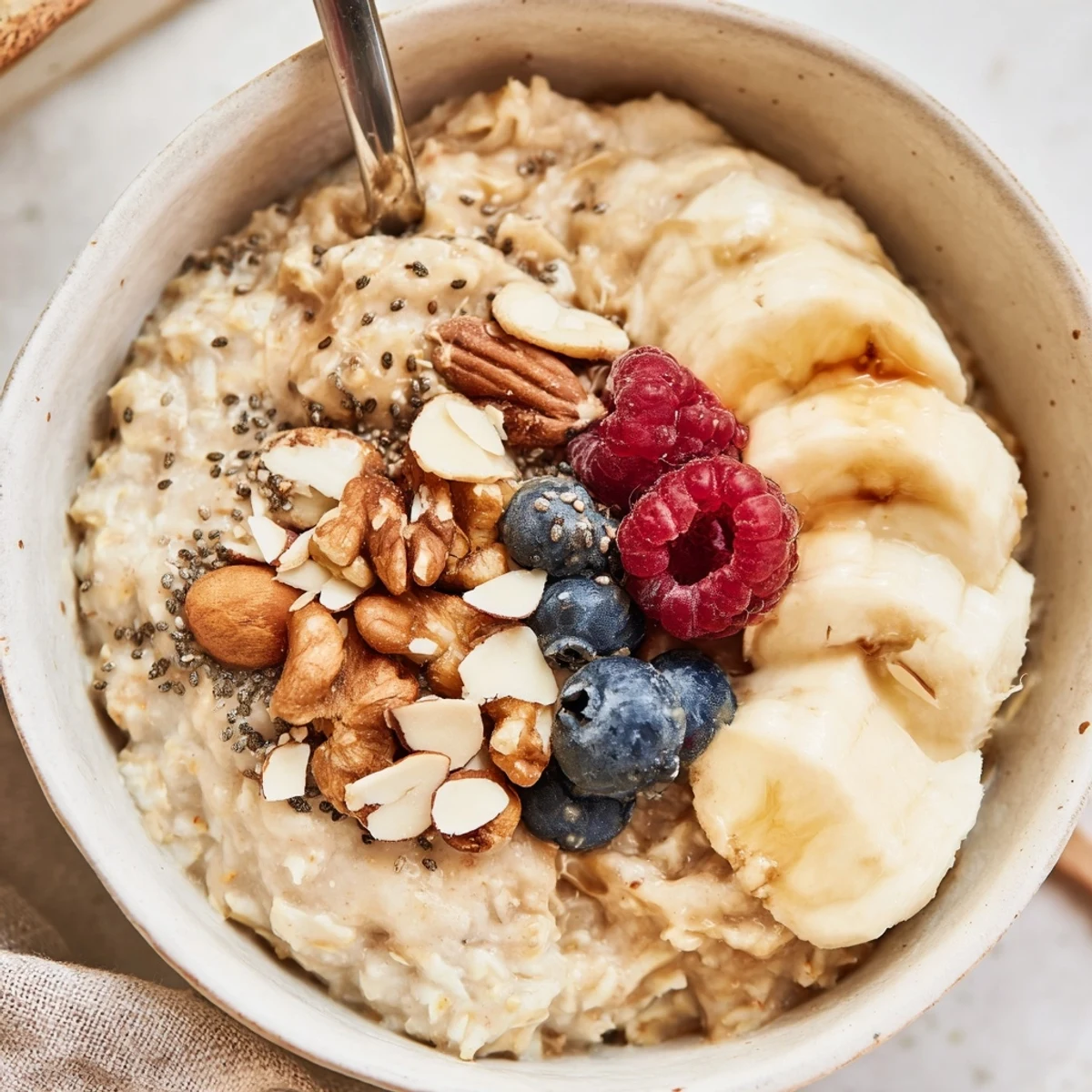 Creamy Protein Oatmeal topped with banana, nuts, and fresh berries