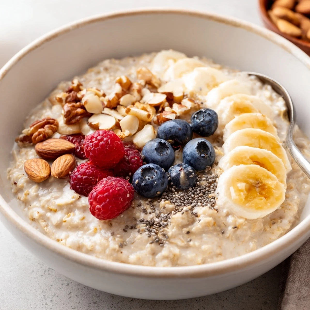 Warm vanilla Protein Oatmeal steaming in bowl, drizzle of maple syrup