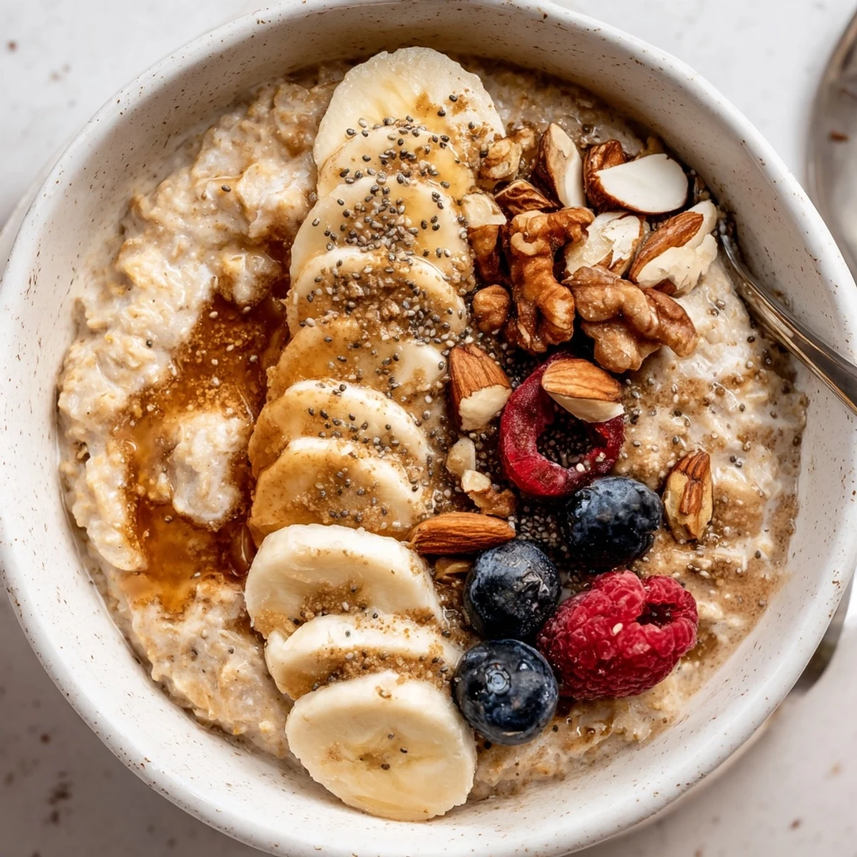 Hearty Protein Oatmeal stirred until creamy, ideal post-workout breakfast bowl
