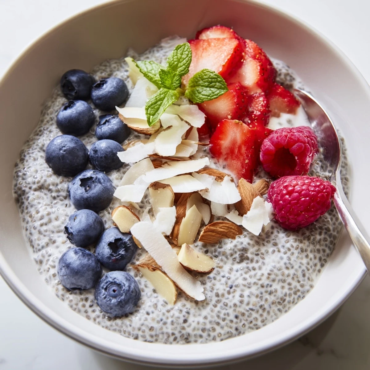 Creamy Chia Seed Pudding in a jar topped with fresh berries