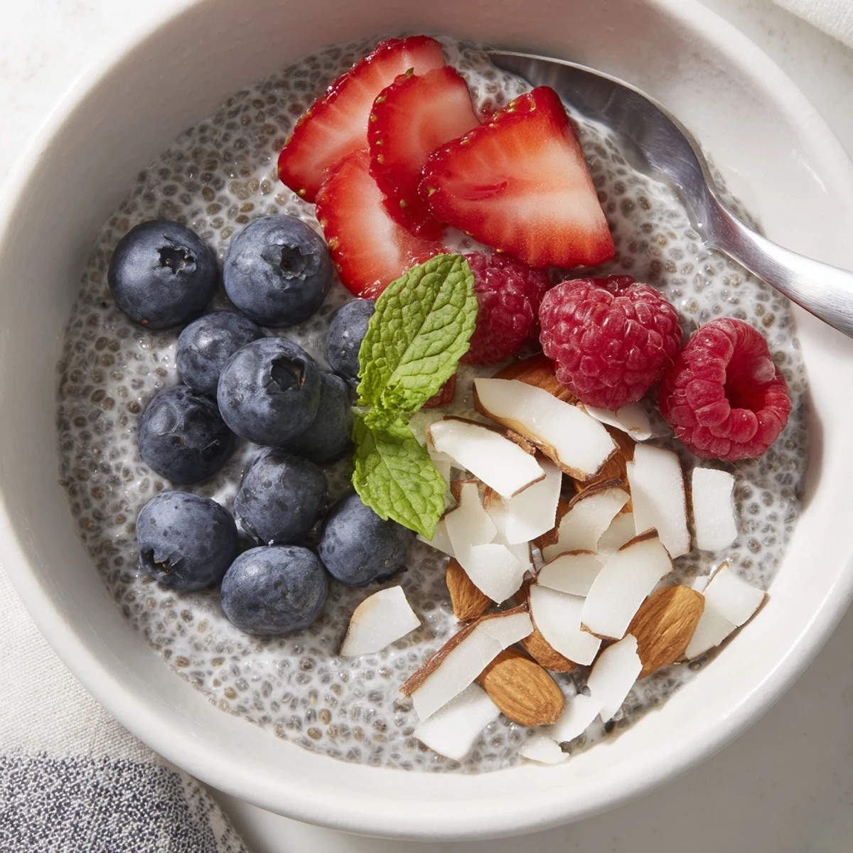 Spoonful of velvety Chia Seed Pudding speckled with swollen seeds