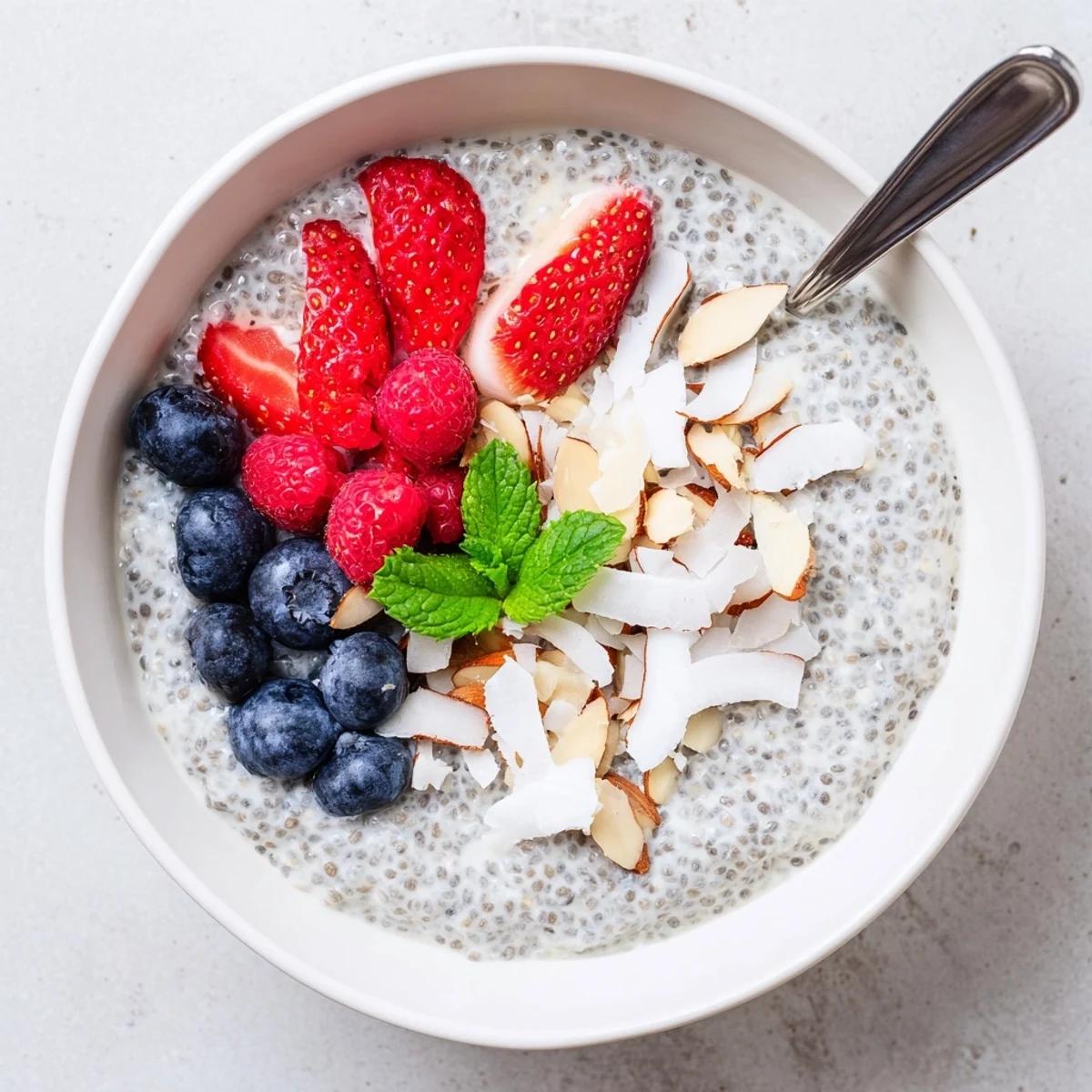 Chilled Chia Seed Pudding layered with berry puree and crunchy almonds