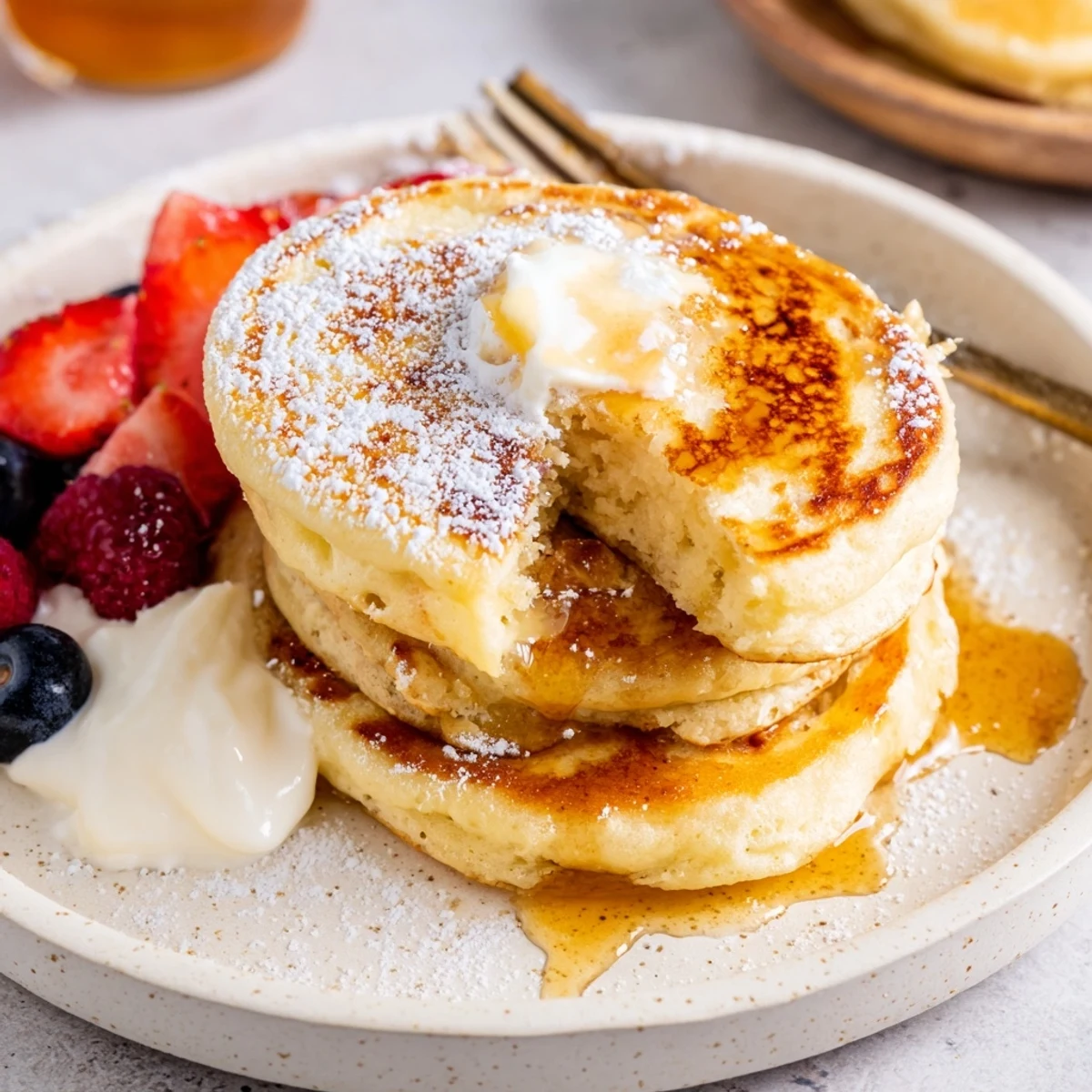 Stack of golden Cottage Cheese Pancakes topped with berries and warm maple syrup