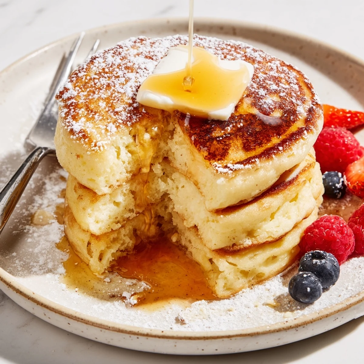 Fork cutting into fluffy Cottage Cheese Pancakes, steam rising from buttered plate