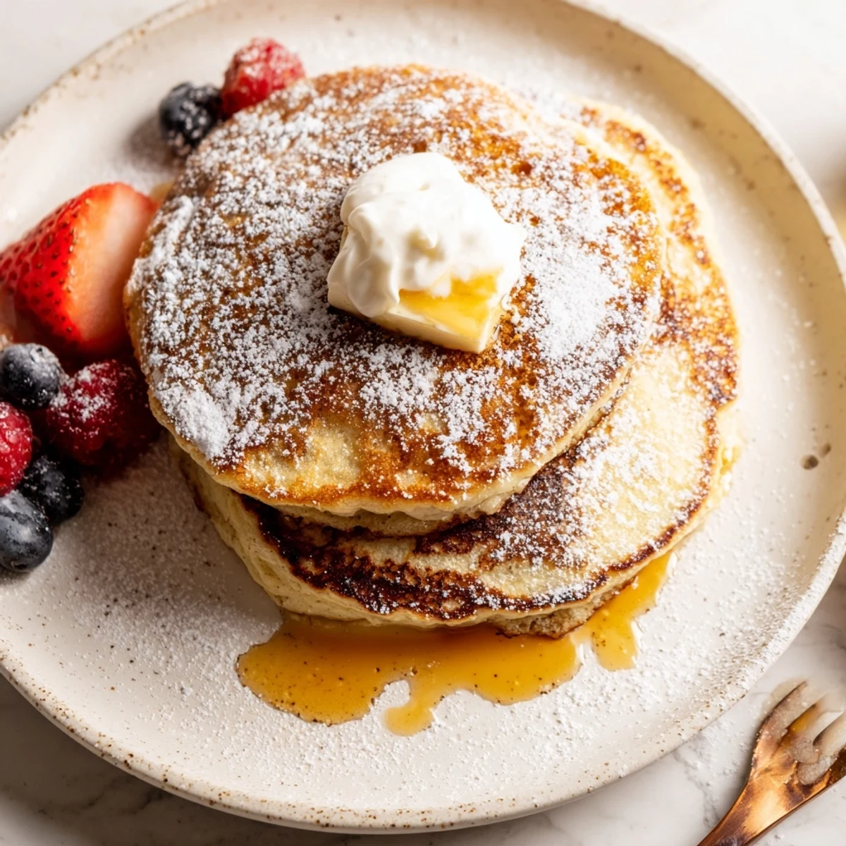 Nonstick skillet of sizzling Cottage Cheese Pancakes being flipped, edges light golden