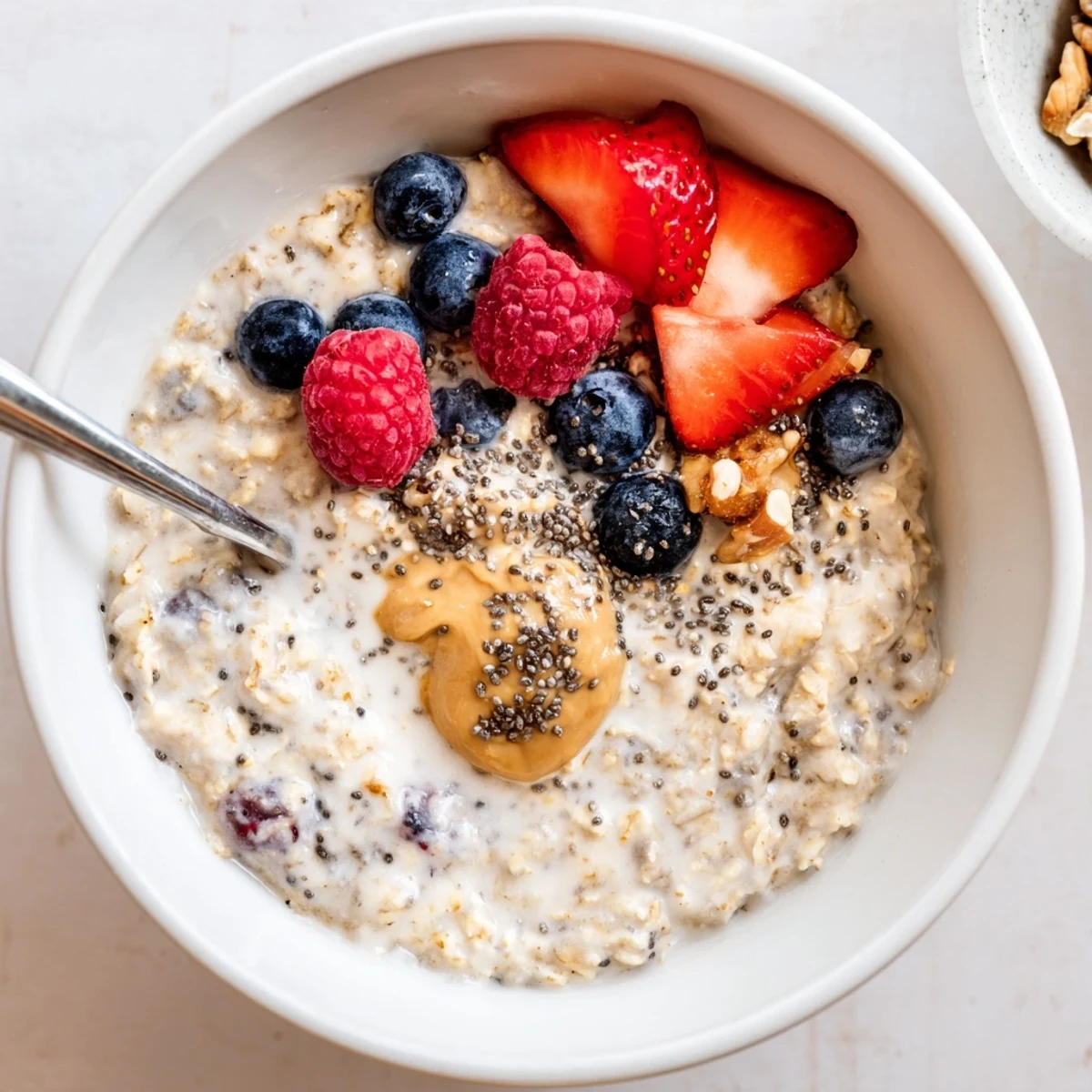 Creamy Protein Overnight Oats topped with fresh berries and chopped nuts