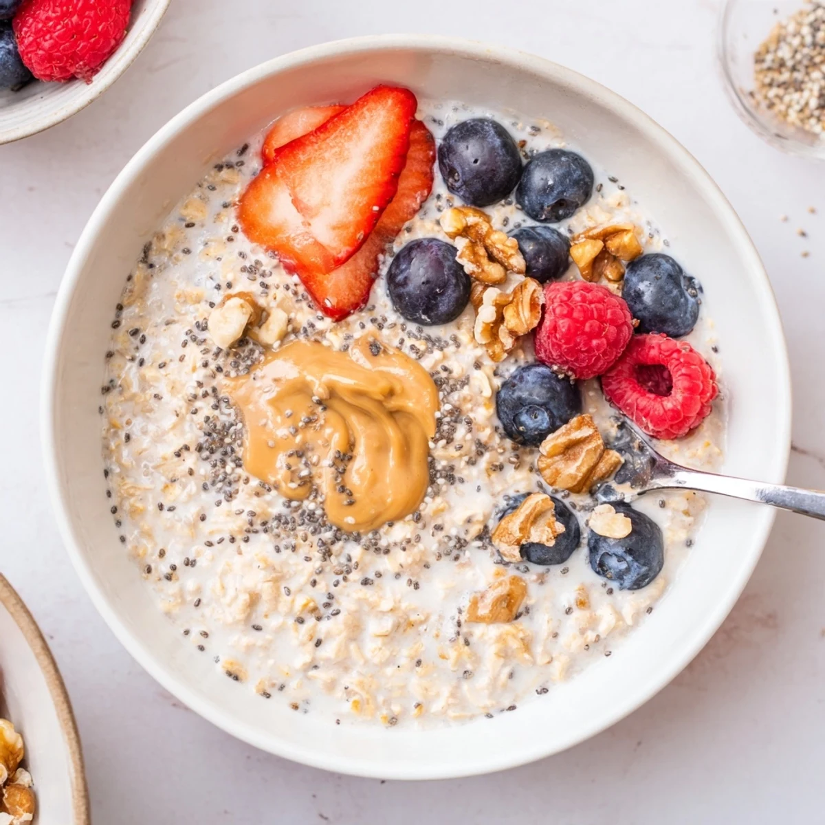 Jar of chilled Protein Overnight Oats swirled with maple and vanilla