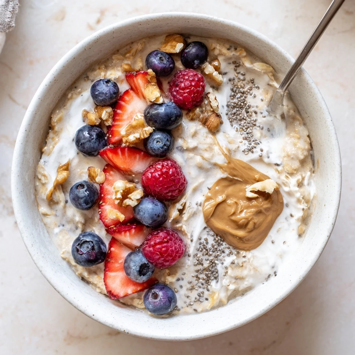 Spoonful of Protein Overnight Oats showing creamy texture and berry topping