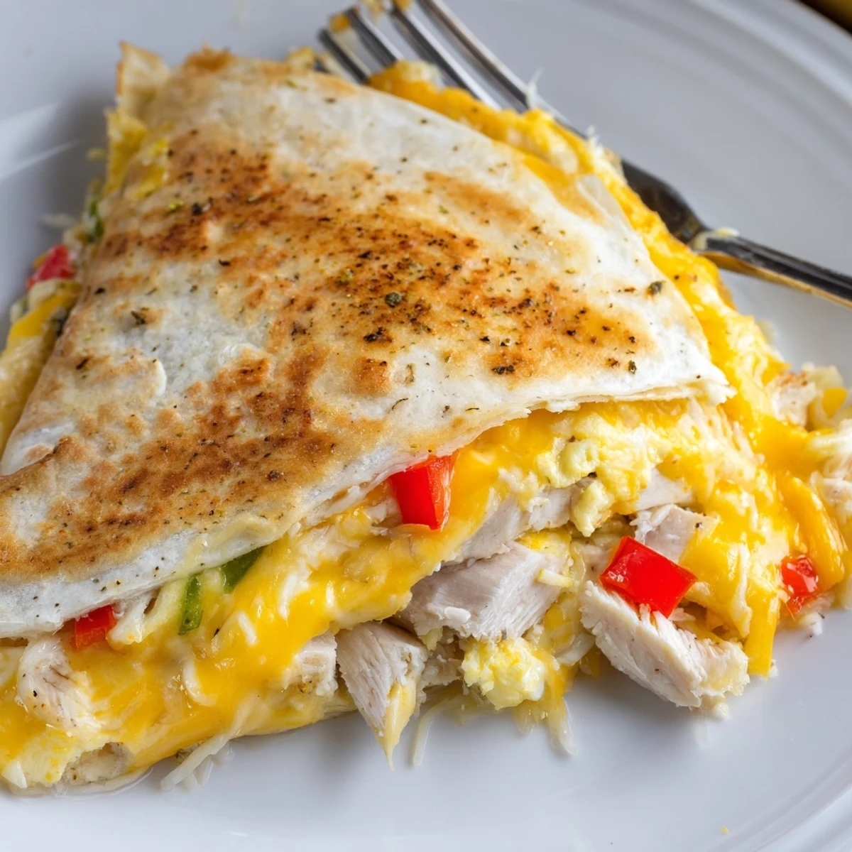 Chicken Breakfast Quesadilla with golden crisp tortilla, melty cheese, fluffy eggs.