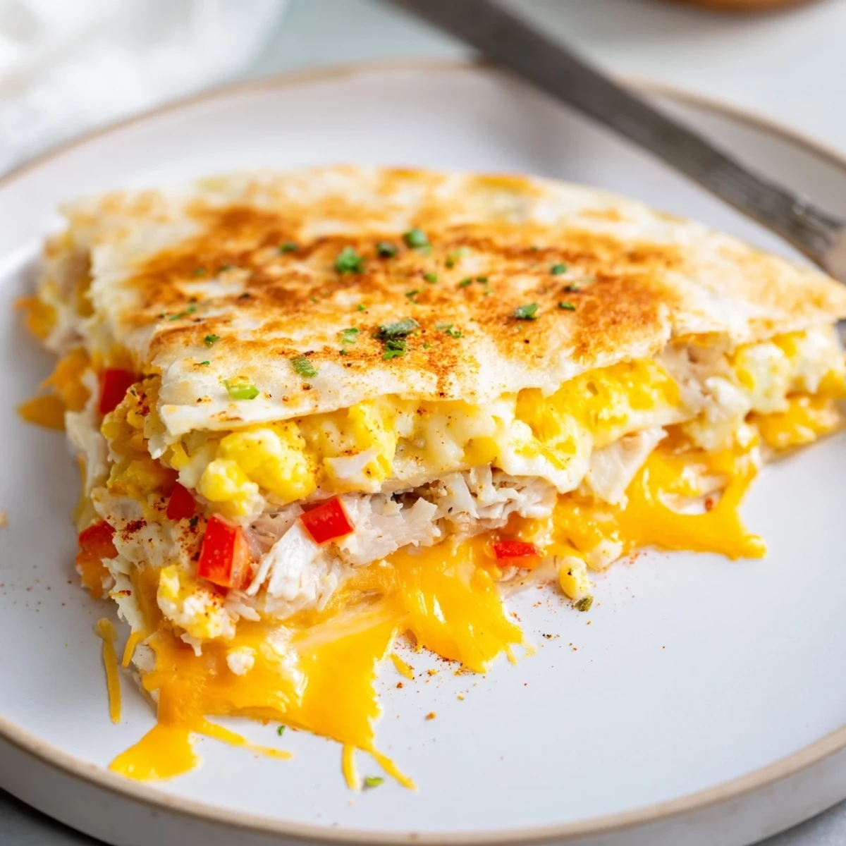 Pan toasted Chicken Breakfast Quesadilla oozing cheddar and Monterey Jack, served with salsa.