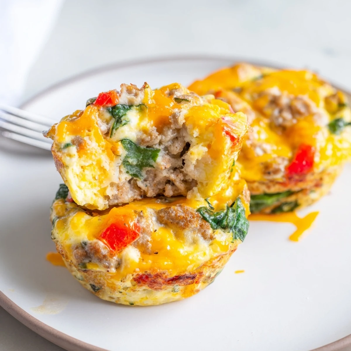 Warm Turkey Sausage Egg Muffins sliced with melty cheddar, served with greens