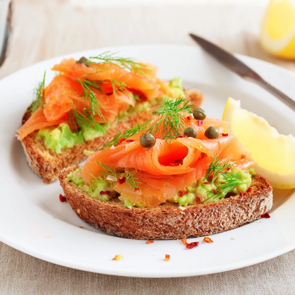 Salmon Avocado Toast with silky smoked salmon, creamy avocado, dill, lemon.